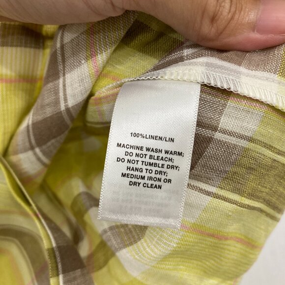 Lafayette 148 Large Parrot Green 100% Linen Plaid Relax Sabira Button Up Preppy - Picture 9 of 11